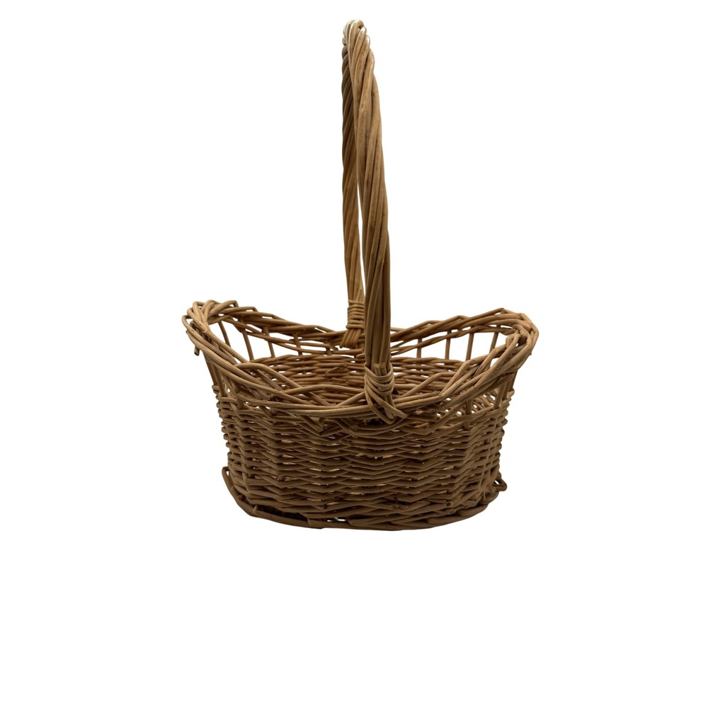 Vintage Rustic Woven Wicker Basket with High Handle Scalloped Rim Tan Willow